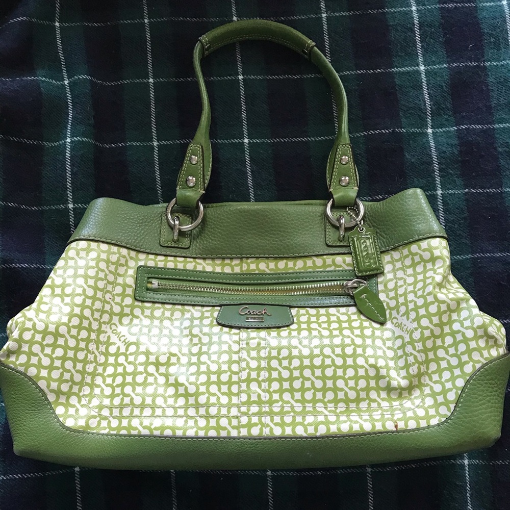 Coach green and white satchel